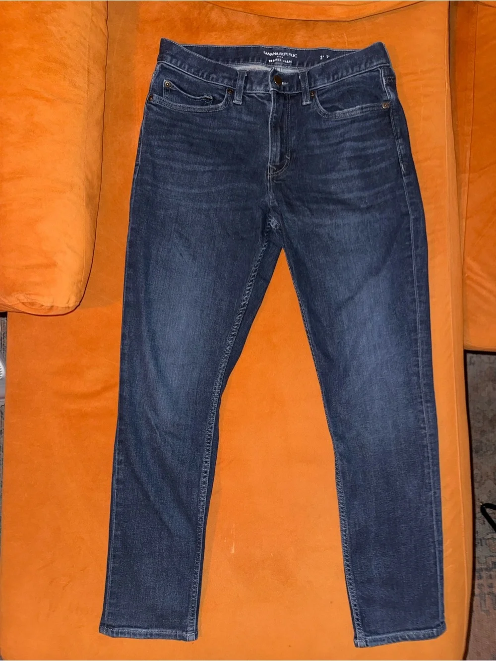 Men's Banana Republic Dark Blue Distressed, “Traveler Jean” Size 31x30